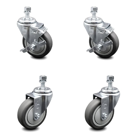 Service Caster 4 Inch Thermoplastic Rubber Wheel Swivel 1/2 Inch Threaded Stem Caster Brake, 2PK SCC-TS20S414-TPRB-121315-2-TLB-2